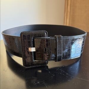Oversized Black Crocodile Embossed Leather Belt